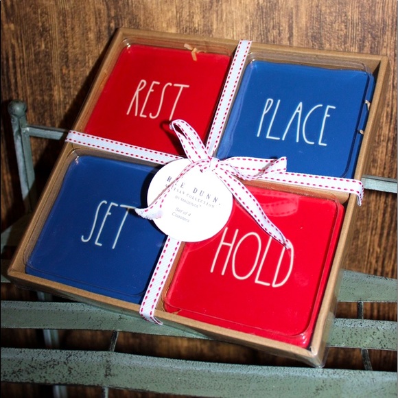 RAE DUNN REST/SET/HOLD/PLACE red/blue ceramic coaster set NIB - Picture 9 of 15
